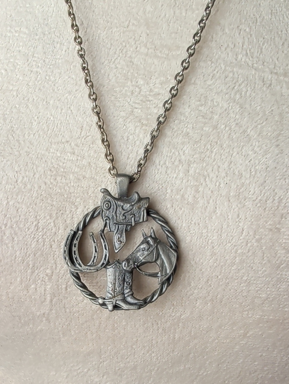 Western Horse Necklace Cowboy Boots Saddle Horseshoe Pewter Tone Pendant